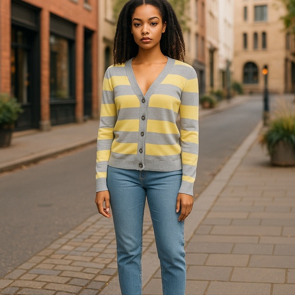 GAP Sweater Womens Size S Yellow Gray Rugby Cashmere Blend Y2K Cardigan Vintage‎ - Picture 2 of 11
